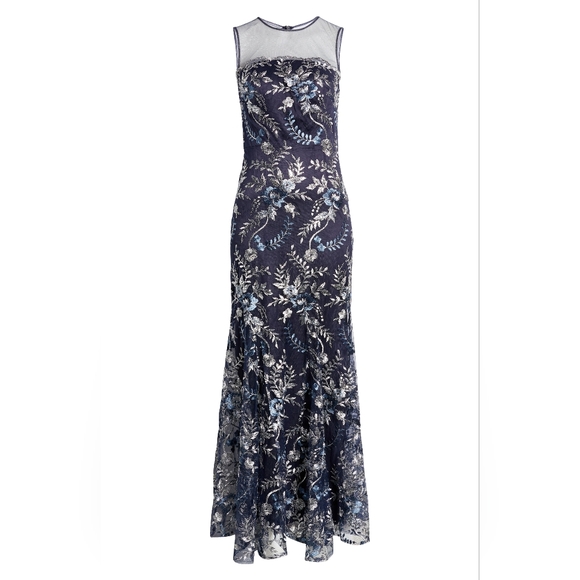NWT Eliza J Floral Sequin Embroidered Sheer Yoke Gown in Navy, SZ 2 - Picture 5 of 6